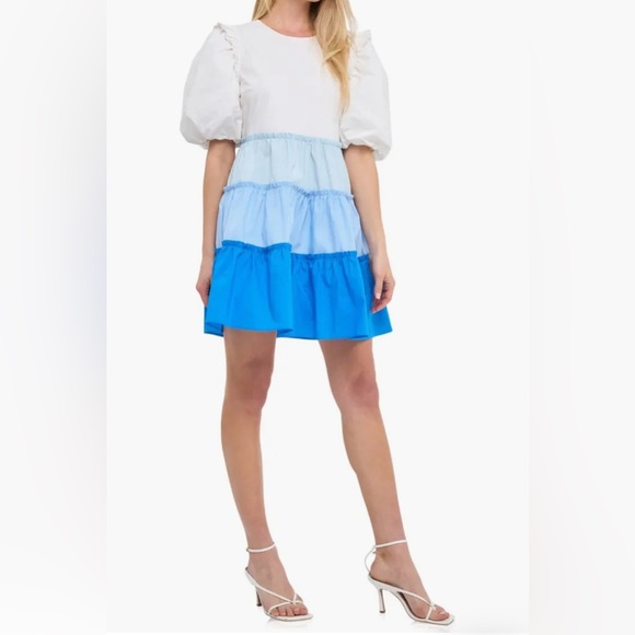 English Factory Size XS White and Blue Bubble Mini dress  Balloon Short Sleeve - Picture 1 of 15